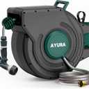 AYURA Retractable Garden Hose Reel 100 ft x 1/2 inch with Pro Metal Shaft, Heavy Duty Automatic Garden Hose Reels with Kink-Free Rewind and Lock at Any Length, Wall Mount Water Hose Reel for Outside (Green)