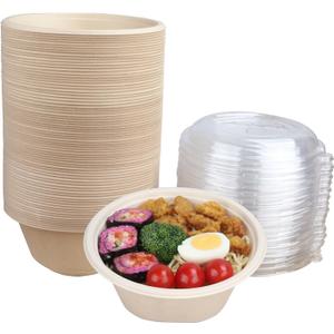 32 oz Round Disposable salad bowls with lids, Sugarcane Fiber Paper Bowls take away food containers Plant Fibers Freezer Safe 50 Pack