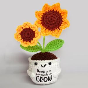 Emotional Support Positive Crochet Double Flower Head Sunflower, Handmade Crochet Potted Flower with Card - Thank You for Helping Me Grow, Ideal Gifts for Teacher, Stress Relief Gift for Friends, Coworker
