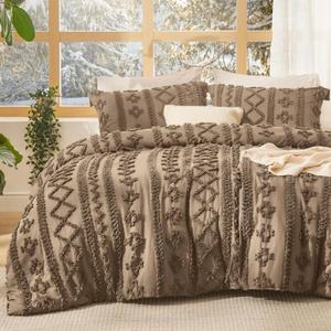 Bedsure Tufted Boho Comforter Set Queen Size - Light Brown Boho Bed Set, GentleSoft 3 Pieces Farmhouse-Style Embroidery Bedding, Gifts for Woman, Jacquard Queen Comforter for All Seasons