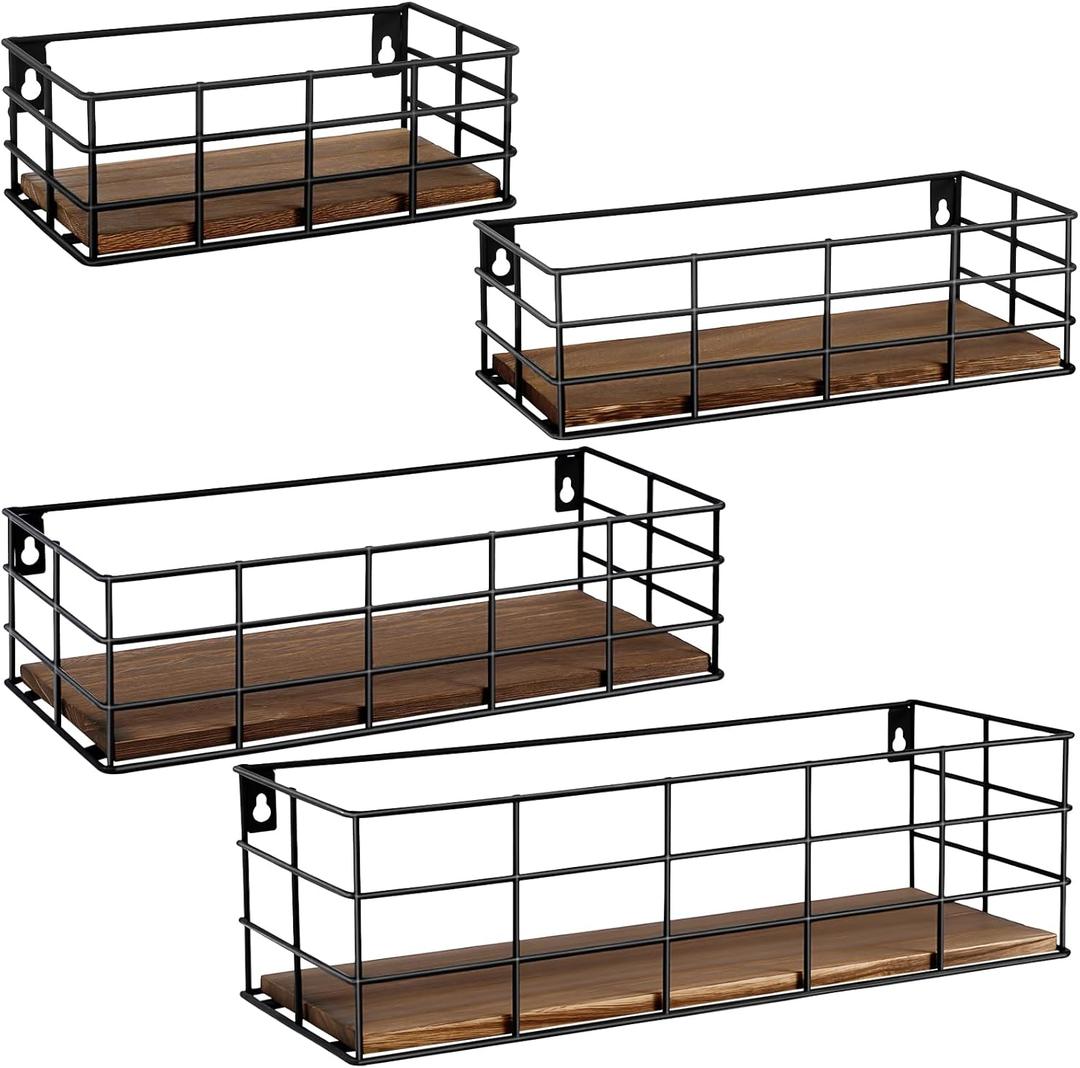 4 Sets of Hanging Floating Shelves, Metal Wire Storage Basket with Wood Bottoms, Hanging Storage Wall Shelf, Wall Mounted Shelves for Home Bathroom Living Room Bedroom Kitchen (Heavy Burnt Color)