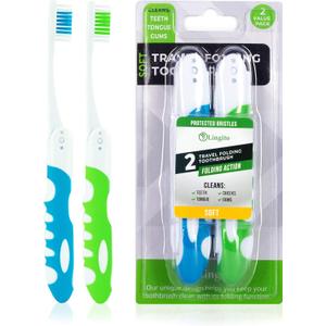 Blue-Green Travel Toothbrush Kit (2 Pack-Soft) - Portable, Folding, Collapsible, Built-in Cover, Perfect for Hiking, Camping, and Traveling