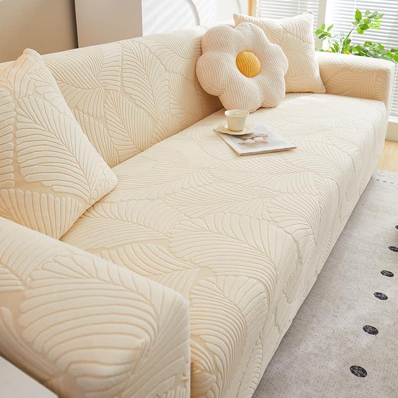 Thickened 1-Piece Super Stretch Sofa Cover, Full Coverage Non Slip Couch Protector with Elastic Bottom, Washable Jacquard Fabric Furniture Protector (Loveseat 58-72in, Beige)