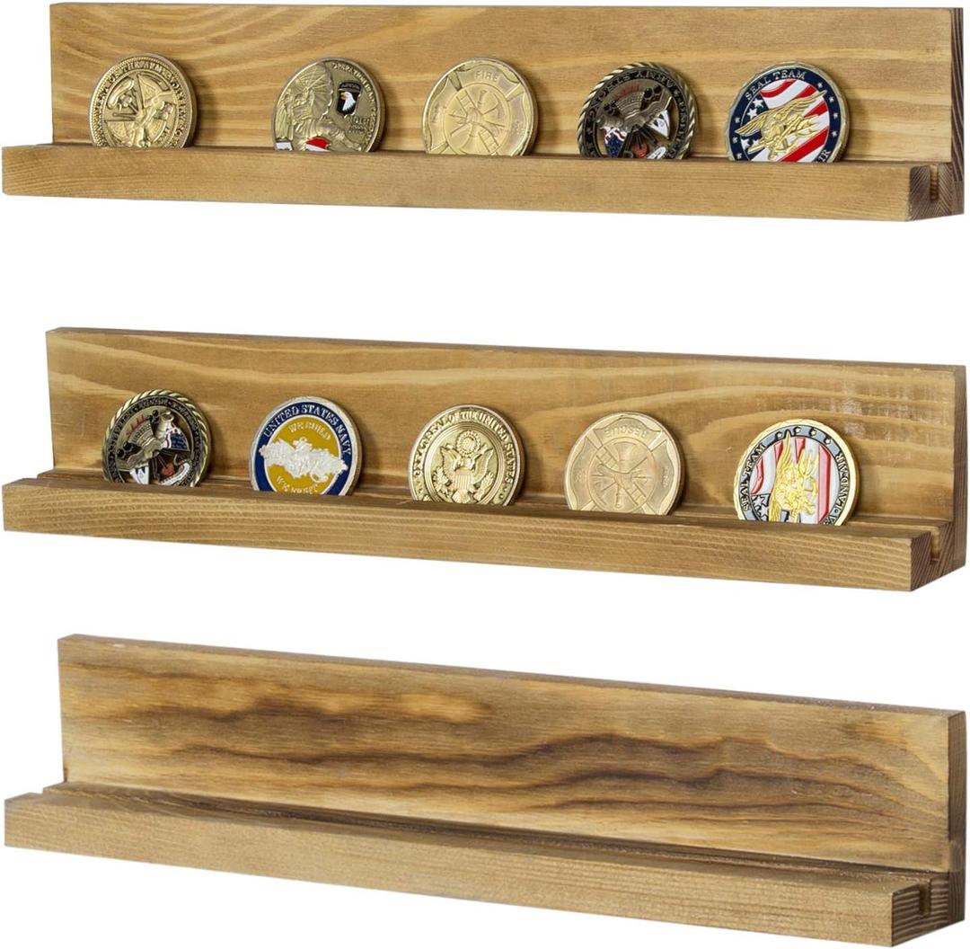 MyGift Challenge Coin Holder Rustic Brown Burnt Wood Casino Chip Display Wall Shelf Rack, Wall Mounted Challenge Coin Display Set of 3