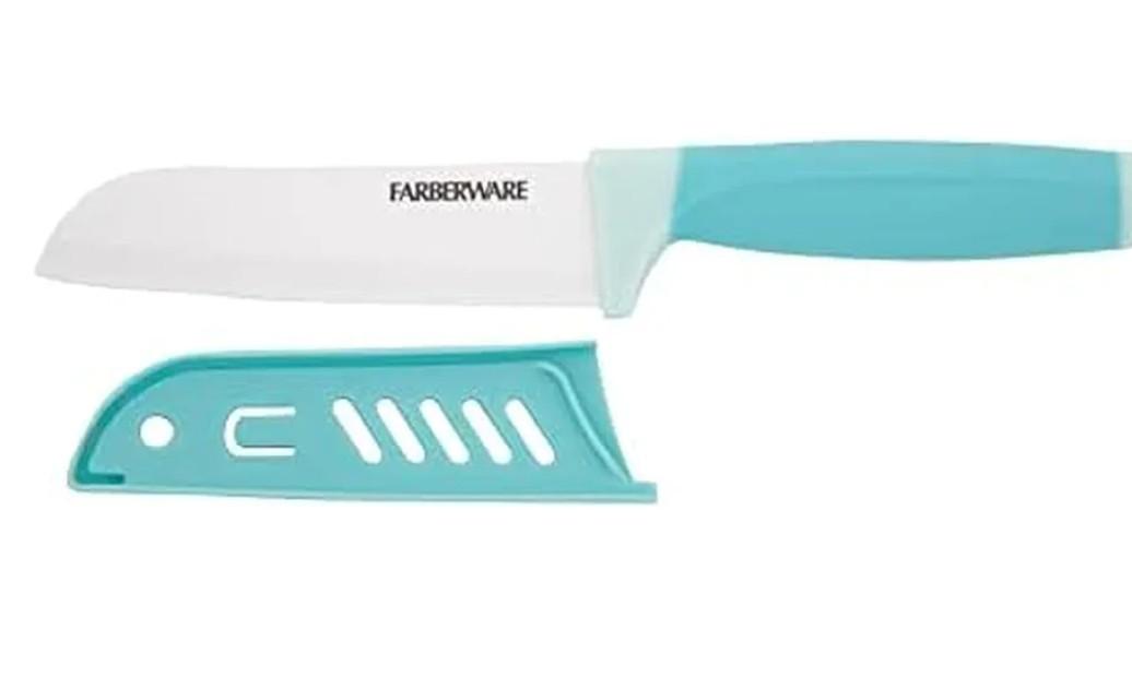 Farberware Ceramic 5- Inch Santoku Knife with Custom-Fit Blade Cover, Razor-Sharp Kitchen Knife with Ergonomic, Soft-Grip Handle, Dishwasher-Safe, 5-inch, Aqua