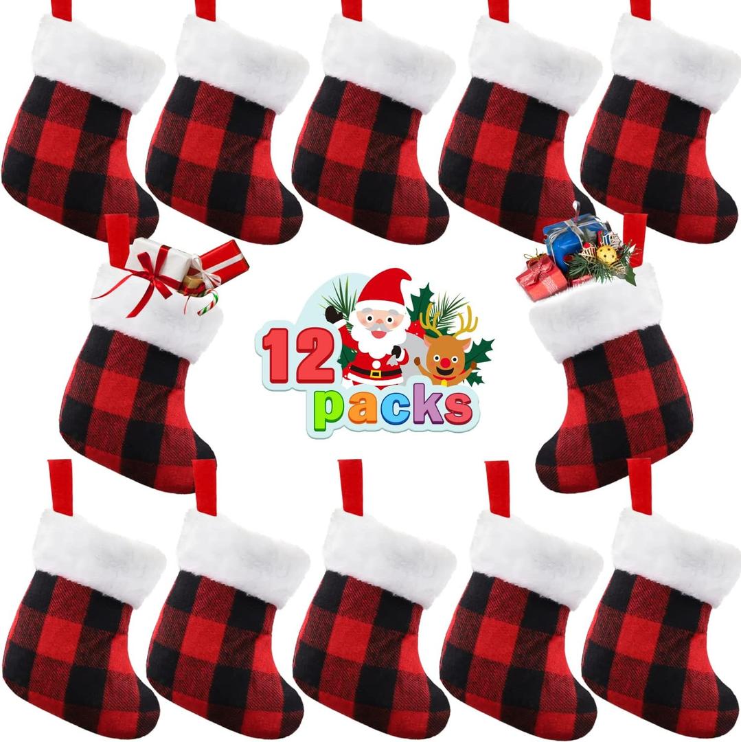 XIMISHOP 12PACK Mini Christmas Stockings 7 Double Side Xmas Red Buffalo Plaid Fireplace Hanging Stocking with Plush Cuff for Christmas Tree Decor