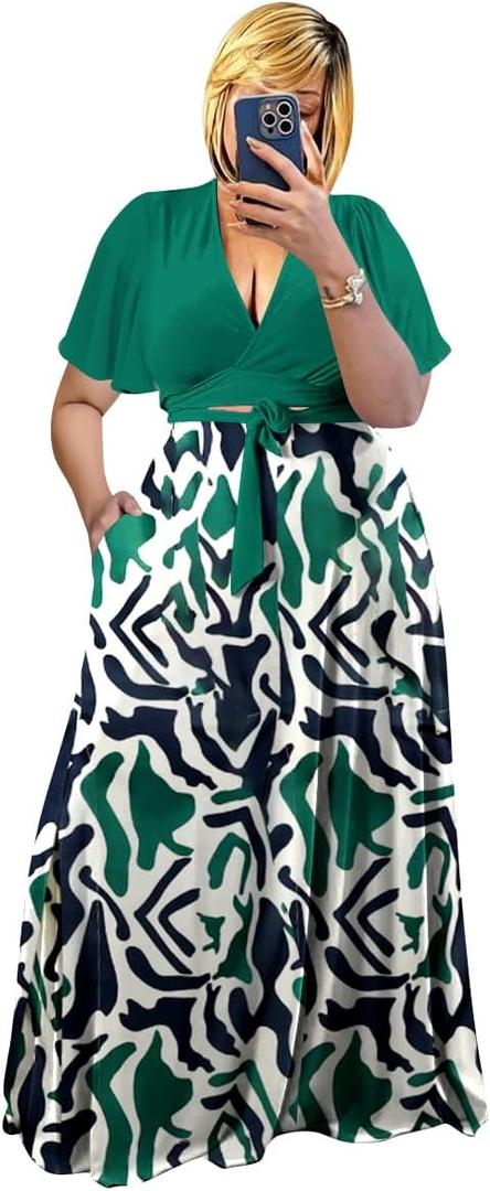 Plus Size Women's 2 Piece Outfits Casual Short Ruffle Sleeve Wrap Crop Top Maxi Long Dress Flowy Matching Sets (2X-Large, 0816-green)