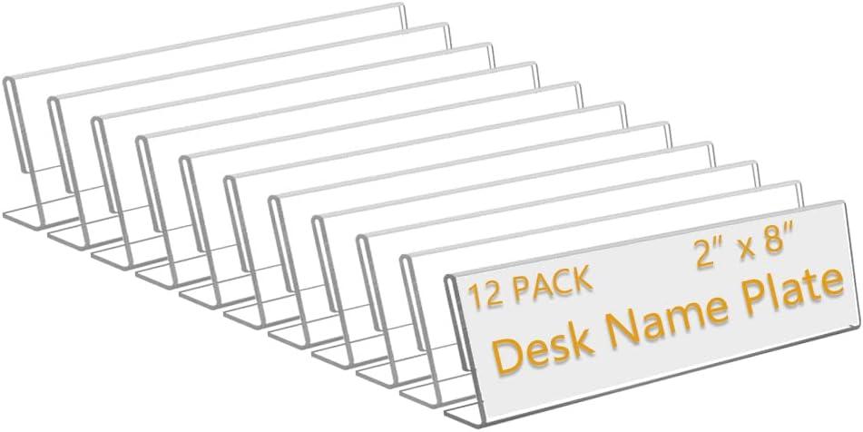 12 Pack 8" W x 2" H Acrylic Office Name Plates Name Labels for Desks, Horizontal Slant Back Clear Desk Sign Holder for Table Display