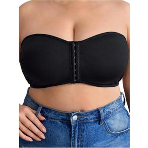 OYOANGLE Women's Plus Size Front Closure Strapless Bra Push Up Padded Tube Bandeau Bralette (Black, XXXL)