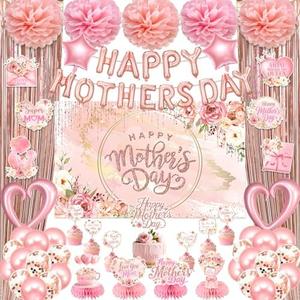 Happy Mothers Day Decorations, All-in-1 Kit with Rose Gold Pink Foil Fringe Curtains Banner Backdrop Balloons Centerpieces Cupcake Toppers Pom Poms Streamers for Best Mom Ever Spring Flower Birthday