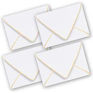 AZAZA 5x7 Envelopes for Invitations, 50 Pack, White, Gold Border, V-Flap, Self-Seal
