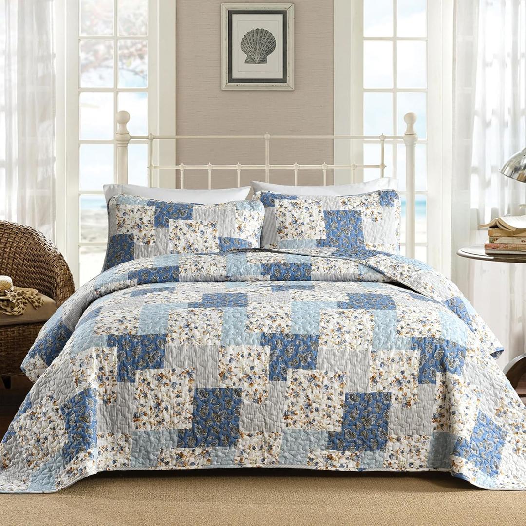 Mybedsoul Light Blue Quilt Set Queen Size, 3 Pieces Boho Plaid Floral Bedspread Set Microfiber Lightweight Bohemian Bedding Bedspread Coverlet Set for All Season 90"x96"