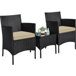 Yaheetech 3 Pieces Patio Conversation Set, Outdoor Rattan Bistro Furniture, 2 Chairs with Cushions & 1 Side Table for Bistro/Porch/Garden/Deck/Courtyard, Black/Khaki