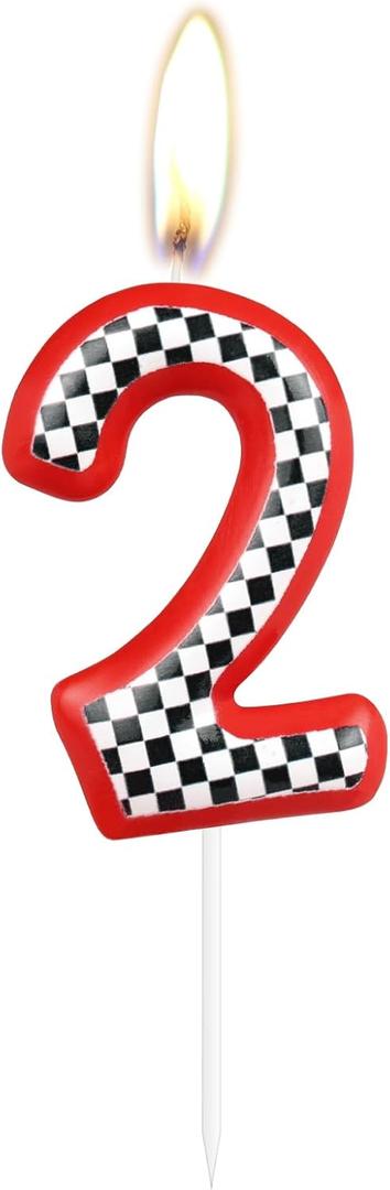 16 x Racing Car Theme Birthday Candles, Number Candles for Birthday Party Cake Decoration Supplies (Red, Number 2)