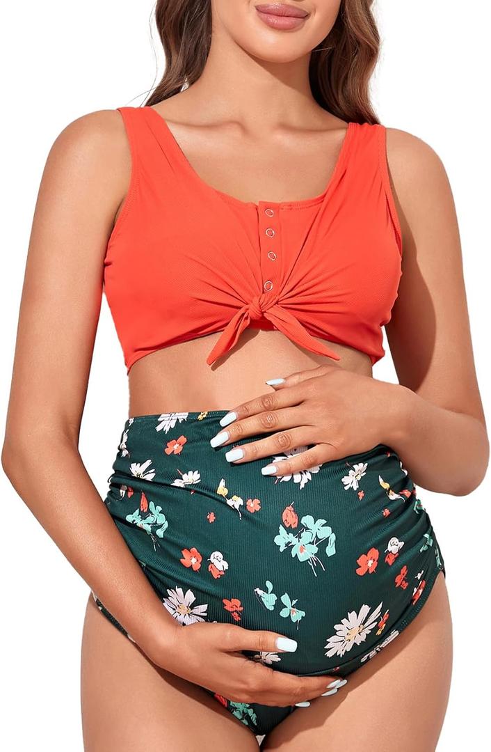 Summer Mae Maternity Ribbed Two-Piece Swimsuit Front Knot Crop Top Bikini High Waisted Pregnancy Bathing Suit (Medium, Very Daisy)