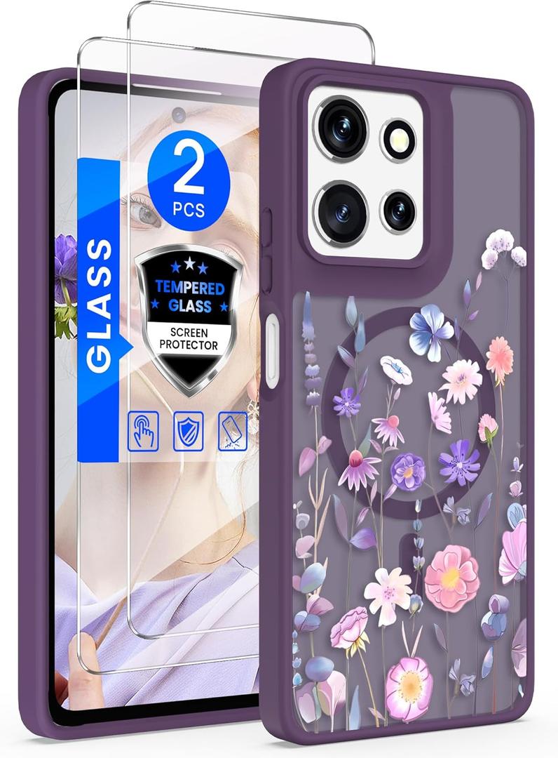 for Motorola Moto G 5G 2025 Floral Phone Case with 2X Screen Protector, Military Grade Magnetic Translucent Matte Girls Women Flower Pattern Protective Cover for Moto G 5G 2025 (Deep Purple)