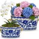 Blue and White Ceramic Planter Pot – Vintage Floral Oval Cachepot Vase for Indoor Plants, Flowers & Succulents – Glazed Porcelain Style Chinoiserie Décor – 7.4" and 10.6" Size – No Drainage