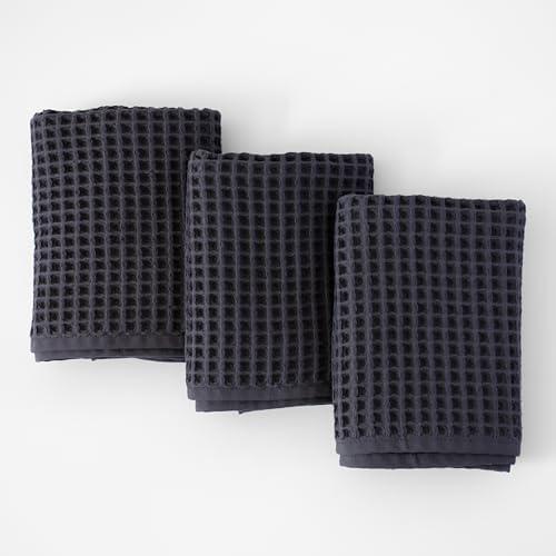 PÜSKÜL Organic Waffle Kitchen Towel 100% Turkish Cotton Set of 3 Dark Gray - Premium Quality, Soft, Quick-Dry, Absorbent, Lint-Free Hand Towels 32X16 Inches (3, Dark Gray)