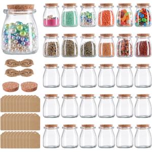 Mini Yogurt Jars 7 oz, 30 Pack Glass Jars with Cork Lids, Candle Containers with Label Tags and String for Wedding favors, Candy, Bath Salts, Spices, Pudding