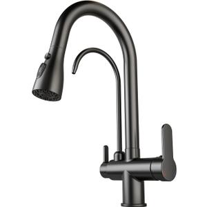 Kitchen Sink Faucet with Pull - Down Sprayer, 2 - Handle 3 - in - 1 Kitchen Sink Filter Faucet, Cold and Hot Mixer Drinking Water Faucet (3-in-1 Filter Faucet, Black)