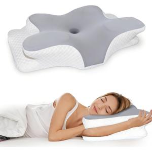 Cervical Pillow for Neck Pain Relief, Hollow Design Memory Foam Bed Pillow for Side & Back Sleepers, Ergonomic Contour Orthopedic Pillow with Adjustable Support (White with Grey)