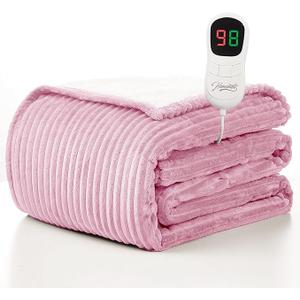 Homemate Heated Blanket Electric Throw - 50"x60" Heating Blanket Throw 1/2/4/6/8 Hours Auto-Off 10 Heat Levels Over-Heat Protection Soft Flannel Sherpa ETL Certification (05 - pink(striped))
