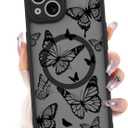 Designed for iPhone 13 Case, Black line Butterfly Pattern [Compatible with MagSafe] Semi-Transparent Frosted Soft TPU and PC Back Protection Ultra-Thin Phone case for Girls Women