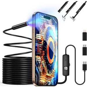 Endoscope Camera with Light, 1920P HD Borescope with 8 Adjustable LED Lights, Snake Camera with Semi-Rigid Cord, IP67 Waterproof Scope Tools for Pipe Inspection for iOS and Android,16.4ft Single Lens