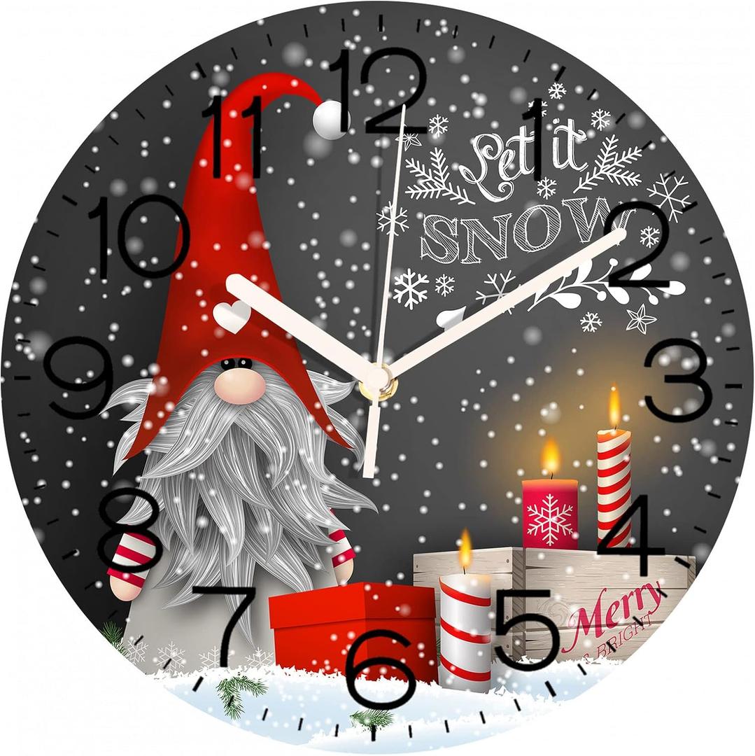 Emvency Christmas Wooden Wall Clock Battery Operated Silent Non-Ticking, Winter Grey Gnomes Decorative Wall Clocks for School Kindergarten Kids Room Living Room(12 Inch)
