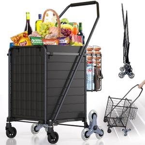 Stair Climbing Shopping Cart for Groceries, 280LBS Load Grocery Cart with Waterproof Liner, 360° Rolling Swivel Wheels, Heavy Duty Utility Cart Folding Shopping Carts for Laundry Luggage Gift