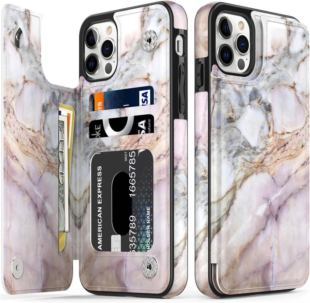 LETO for iPhone 13 Pro Max Case,Luxury Flip Folio Leather Wallet Cover with Fashion Designs for Girls Women,Card Slots Kickstand Protective Phone Shell for 13 Pro Max 6.7" Pink Purple Marble