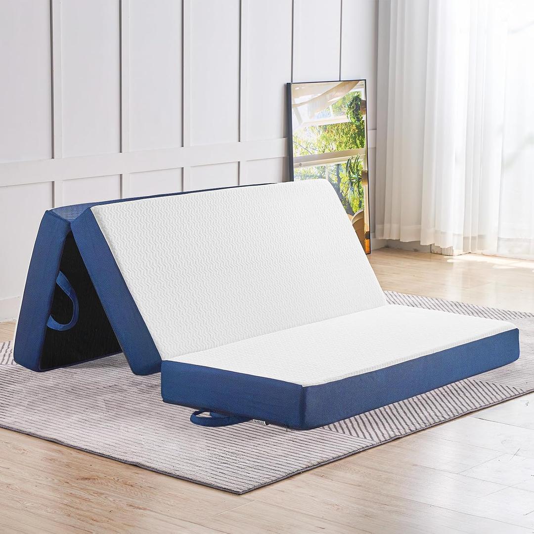 CYMULA Folding Mattress Full Size,4 inch Memory Foam Tri Portable Trifold Mattress Topper Full with Breathable & Washable Cover, Foldable Sofa for Camping (52"73"4")