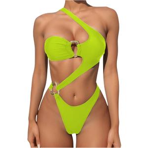 OYOANGLE Women's Ring Linked Cut Out One Shoulder One Piece Swimsuit High Cut Bathing Suits (Large, Lime Green)