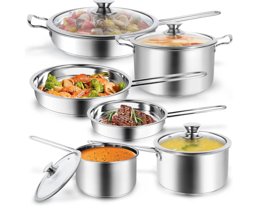 Aufranc 10-Piece Pots and Pans Set, Stainless Steel Cookware Set- Includes Ergonomic Handle Saucepans, Skillets, Dutch Oven, Stockpot, Steamer & More - Premium Pots and Pans for Home Chefs