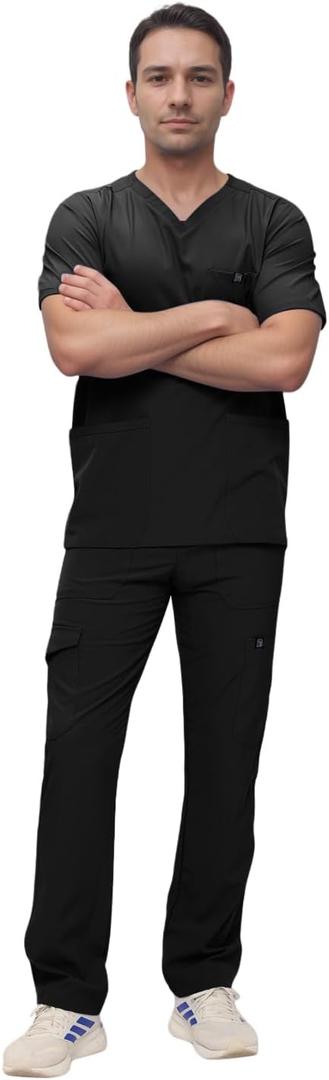 Men's Scrub Set V-Neck Scrub Sets with Nine Large Pockets (Medium-TALL, Black)