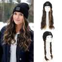 Benehair Beanie Wig Hair Extensions, Knitted Hats with Synthetic Water Wave Wig Hairpieces for Women Winter, 18 Inch Long Wavy Brown Mix Blonde Hair with Black Beanie
