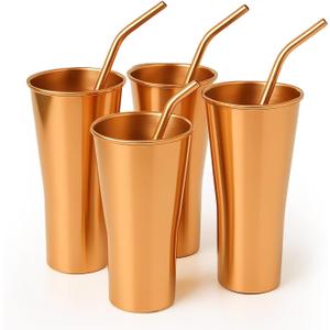 Pure Copper Tumbler Set of 4 with 4 Copper Straws, Handcrafted 100% Pure Copper Cups for Drinking Water, Home Office Gifting & Parties, 10 oz 300 ml