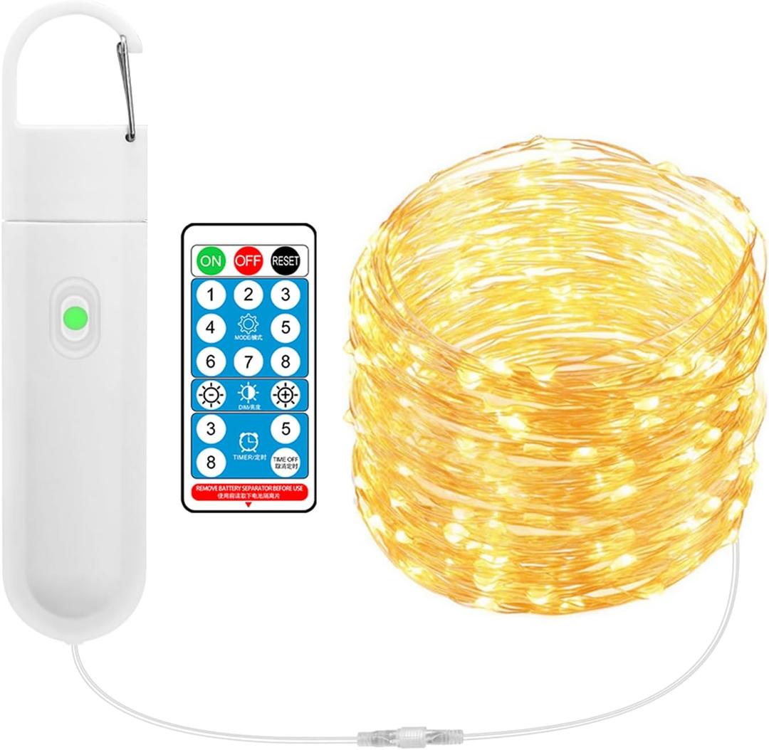 33FT 100 LED Fairy Lights String With Hook, Rechargeable 450mAh Battery Operated String Lights Build in Remote & Timer, IP65 and Dual Power for Indoor Outdoor Bedroom Garden Christmas Party Decor
