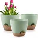 QRRICA Plant Pots 10/9/8 Inch Self Watering Pots, Set of 3 Plastic Planters with Drainage Holes and Saucers,Plastic Flower Pots,Nursery Planting Pot for Indoor Out Door Plants, Green