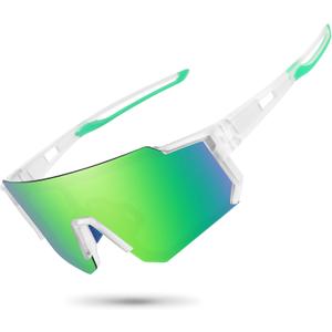 STORYCOAST Polarized Sports Sunglasses for Men Women,Driving Fishing Cycling Mountain Bike Sunglasses UV400 Protection (1-(a)clear Frame-green Mirror Lens)