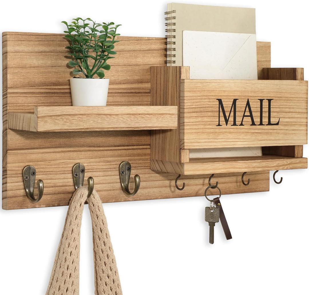 Lwenki Mail Organizer for Wall Mount  Key Holder with Shelf Includes Letter Holder and Hooks for Hallway Farmhouse Decor  Rustic Wood with Flush Mounting Hardware (16.5 x 9.1 x 3.4) (Wood)