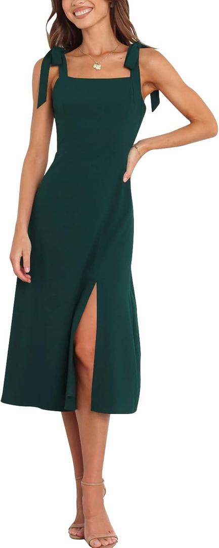 Tankaneo Womens Elegant Square Neck Bridesmaid Dresses Split Mid Formal Dress Cocktail Party Dress for Wedding Guest (Small, Dark Green)