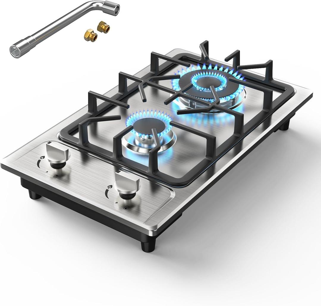 Gas Stove 2 Burner, Propane Cooktop 12 inch, Nafewin Portable Gas Cooktop Stainless Steel Stove Burner with Thermocouple Protection, Lpg/Ng Dual Fuel Built-in Hob for Apartments, Outdoor, Rvs