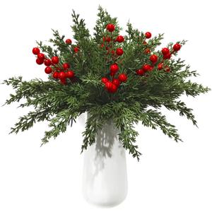 50 PCS Christmas Artificial Pine Branches with Red Berry Stems, 10" 5 Faux Cedar Stems, Artificial Cedar Branches, Fake Christmas Greenery Pine Needles Picks for DIY Craft Garland Home Decor