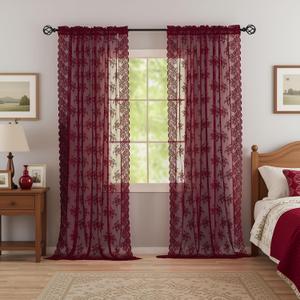 Kotile Maroon Sheer Curtains 72 Inch Length 2 Panels Cottagecore Floral Lace Curtains for Door Window, Rod Pocket Privacy Light Filtering Sheer Window Curtains for Bedroom, 52 x 72 Inch