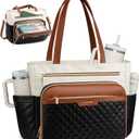 LOVEVOOK Teacher Tote Bag with Accordion File Pocket, Soft PU Leather Work Briefcase Quilted Laptop Bag with Large Cup Holder (17.3 inch, Black Cream Brown)