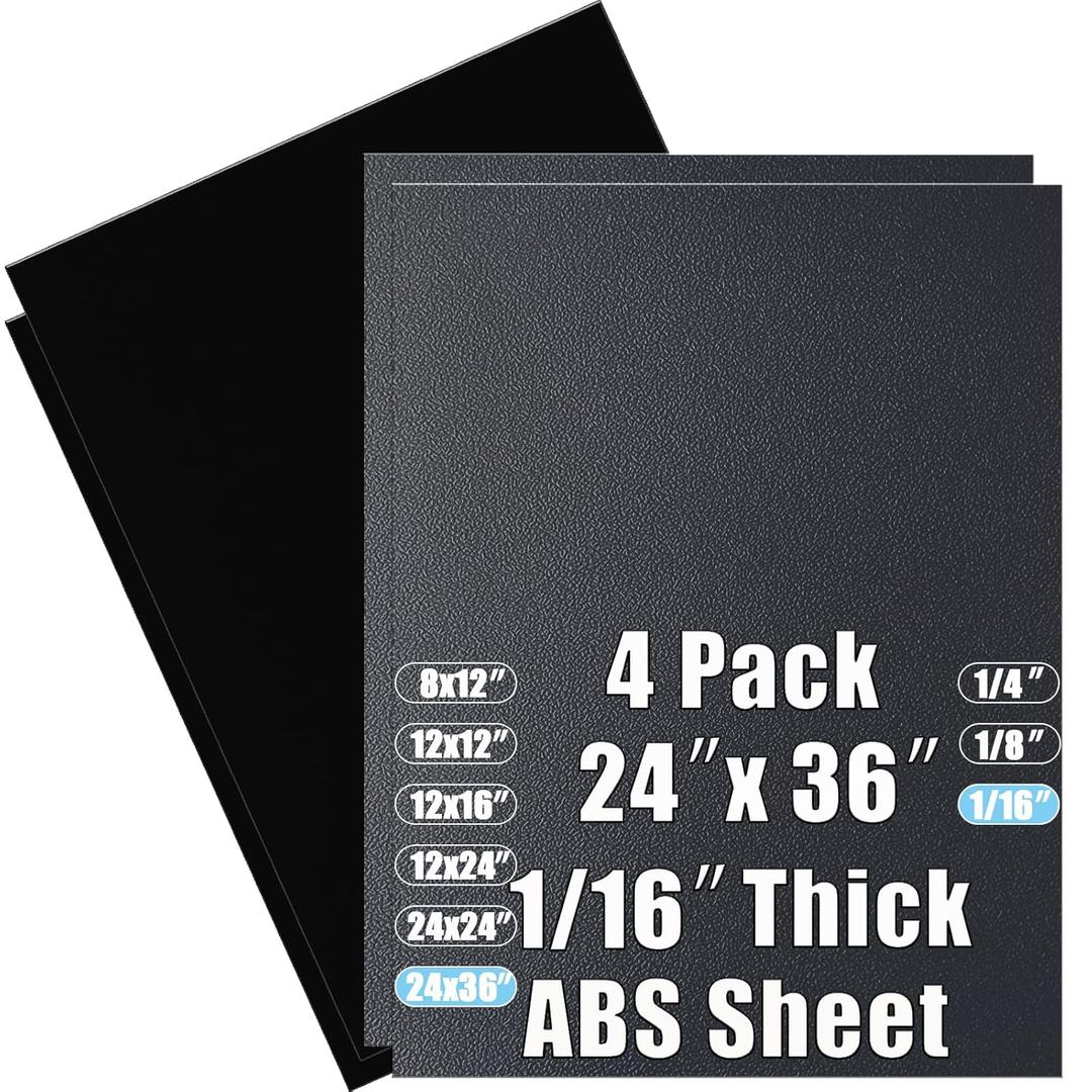 ABS Plastic Sheet 1/16 Inch Thick 24" x 36" (4-Pack),Two-Sided Heat Moldable Panel (Thermoplastic Textured Front & Smooth Back), Black Thermoform Board Great for DIY Projects, Decor, Handcrafts