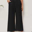 Women's Linen Pants Relaxed Fit High Waisted Boho Chic Ankle Pants Summer Beach Vacation Wide Leg Trousers (Black, XL)