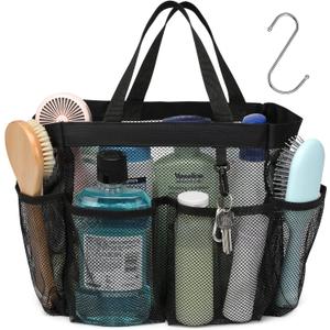 F-color Mesh Shower Caddy Portable, Upgrade Deeper 7 Pockets Shower Bag Basket Tote for College Dorm Room Toiletry Bathroom Essentials Gym Camp Quick Dry 2 handles with S Hook, Black