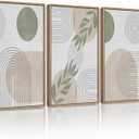 UVIOKE Green Botanical Boho Framed Wall Art Modern Bohemian Plants Wall Decor Geometry Lines Prints Artwork for Living Dining Room 16x24in (Natural Framed) (24L" x 16W" x 3 Panels Natural)